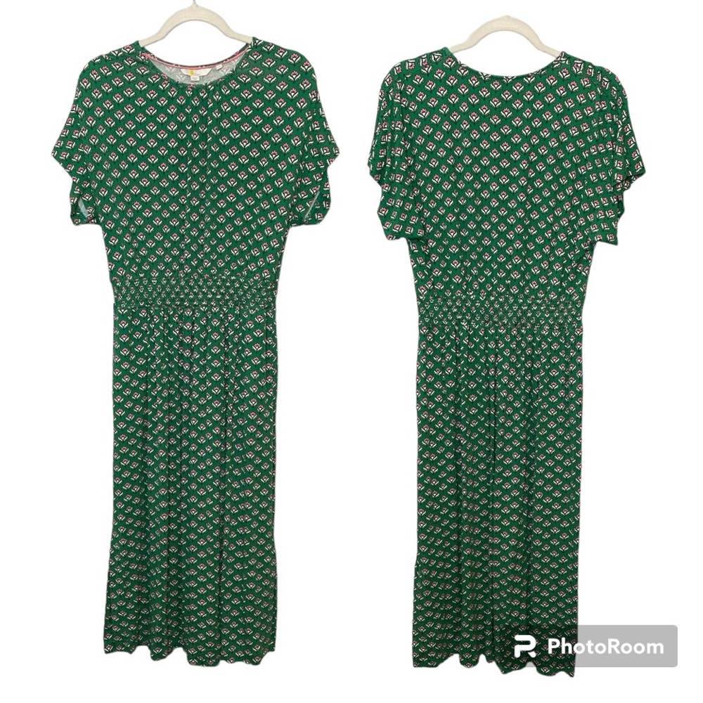 Boden Green and Pink Floral Jersey Midi Dress Short Sleeves